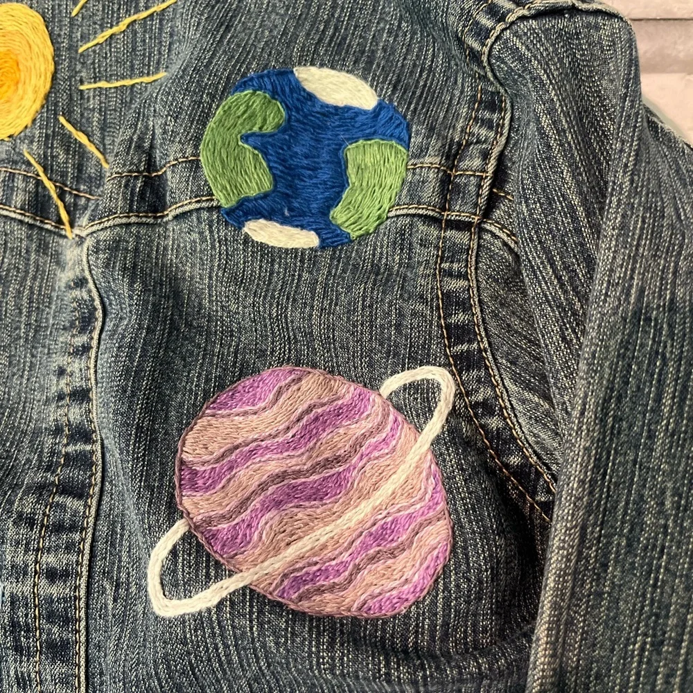 Custom Hand Embroidered Girls Denim‎ Jean Jacket w/Colorful Sun, Planets & Stars - Picture 6 of 14